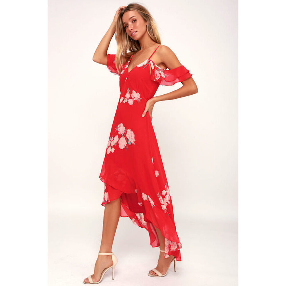 NWT Lulus Love In Bloom Red Floral Print Off-the-shoulder High-low Dress- Size L